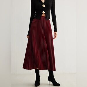 Zara Satin Effect Pleated Midi Skirt - S - Burgundy Red